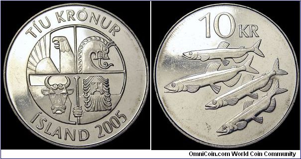 Iceland - 10 Kronur - 2005 - Weight 6,9 gr - Nickel plated steel - Size 27,5 mm - Thickness 1,78 mm - President / Olafur Ragnar Grimsson - Reverse / Capelin (Mallotus Villosus) - Edge : Reeded - Mintage 4 505 000 - Reference KM# 29.1a (1996-2008)