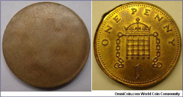 Elizabeth II, Bronze Penny, uniface reverse of 1982 - 2008 type with partially raised rim, 3.54g. Faint ghosting of the Queen's portrait can be seen on the obverse. The piece is of normal weight, at the time of striking a second blank was present and prevented the die from making an impression. Virtually as struck with full lustre, lightly toning.
Provenance: Ex Joanna Tansley Collection, DNW, 28/09/05 (lot 449)