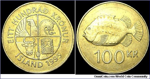 Iceland - 100 Kronur - 1995 - Weight 8,5 gr - Nickel / Brass - Size 25,5 mm - Thickness 2,25 mm - President / Vigdis Finnbogadottir - Reverse / Lumpfish left - Mintage 6 000 000 - Edge : Reeded-Plain-Reeded - Reference KM# 35  (1995-2011)