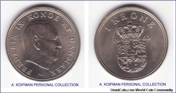 KM-851.1, 1960 Denmark krone; copper-nickel, reeded edge; average about uncirculated, first year of that type with smaller only 1,000,000 mintage