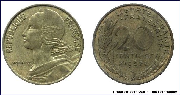 5th French Republic, 20 centimes, 1967, Al-Bronze.                                                                                                                                                                                                                                                                                                                                                                                                                                                                  
