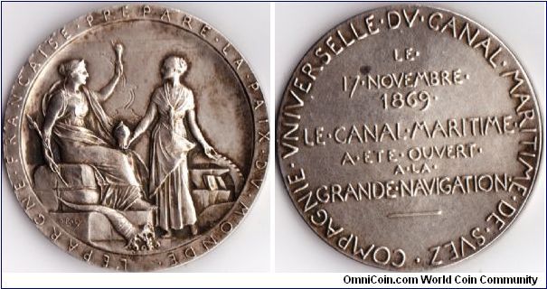 Silver Medal engraved by Louis Oscar Roty and struck to commemorate the inauguration of the Suez Canal in 1869.