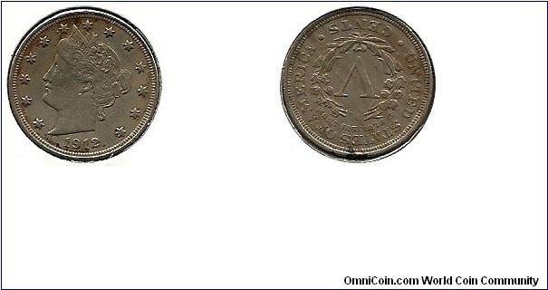 1912 Liberty Head V nickel - XF - mintage: 26.2 million