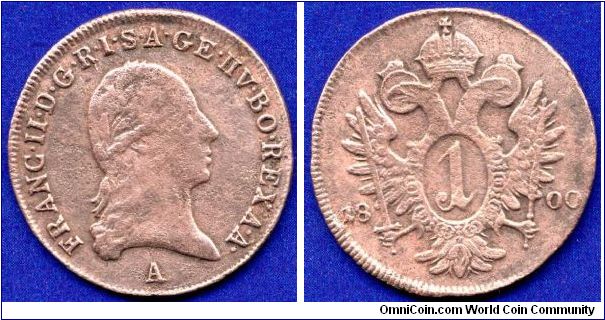 1 kreuzer.
Francisc II (1792-1806) Emperor of Holy Roman Empire.
'A' - Wien mint.


Cu.