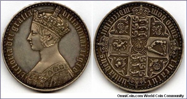 VICTORIA,
ONE CROWN - (FIVE SHILLINGS)
a.k.a.:
THE 'GOTHIC CROWN'.

TRULY THE MOST BEAUTIFUL COIN IN THE WORLD!

