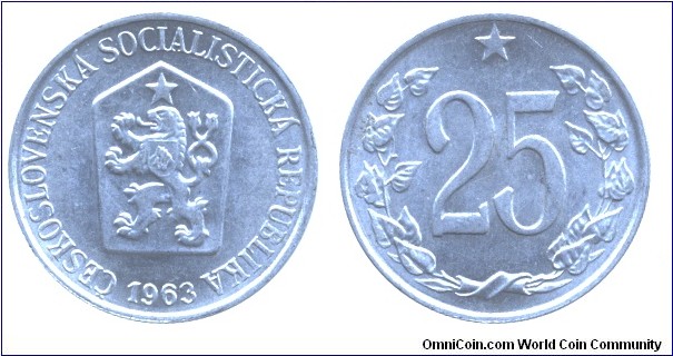 Czechoslovak Socialist Republic, 25 halers, 1963, Al, 24mm, 1.43g.