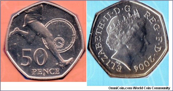 50p 
50th anniversary of the first sub-four-minute mile, Roger Bannister
Designed by James Butler 
Queens head by IR Broadley
Coin in folder of issue