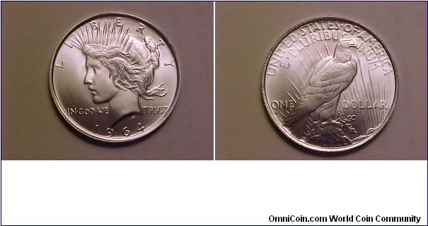 A genuine Peace dollar dated 1964-D, a work of Mr. Carr!