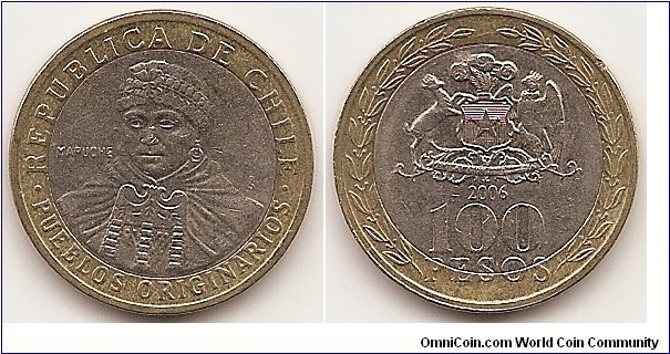100 Pesos
KM#236
Bi-Metallic Copper-nickel center in Brass ring, 23.5 mm.   Subject: Native people Obv: Bust of native Mapuche girl facing Rev: National arms above denomination Edge: Reeded and striated sections
