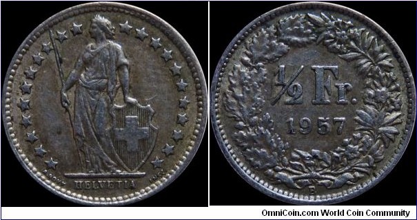 Switzerland 1/2 Franc 1957-B ~ Silver ~ 2011 Circulation Find