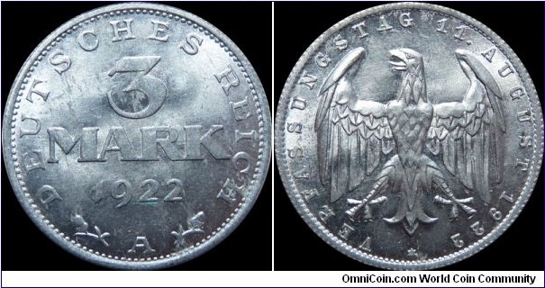 Weimar Republic 3 Mark 1922-A