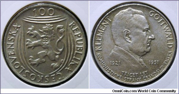 100 korun.
1951, Czechoslovakia. Klement Gottwald - 30th Anniversary of Communist Party. Ag 500. Weight; 14gr. Diameter; 31mm. Mintage: 1.000.000 units.
