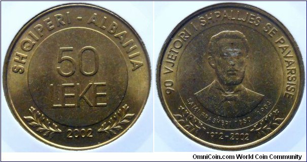 50 leke.
2002, 90th Anniversary of the Proclamation of Independence (1912-2002)
Sami Frasheri (1850-1904)
Cu-Al-Zn-Sn.
Weight; 12gr.
Diameter; 28mm.
Mintage: 20.000 units.