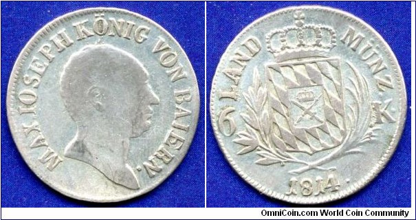 6 kreuzer.
Kingdom of Bavaria.
Maximilian I Ioseph (1806-1825).
*MAX.IOSEPH KÖNIG VON BAYERN.*.


Ag333f. 2,70gr.
