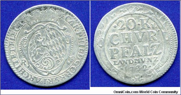 20 kreuzer (Wierundzwanziger).
Pfalz-Neuburg & Julich Berg.
Karl III Philipp (1716-1742).
*RF* - Düsseldorf mint, mintmaster Richard Fehr, work in 1728-35.


Ag420f. 9,744gr.