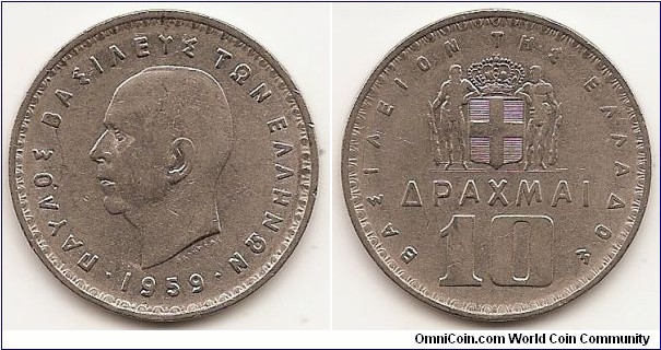 10 Drachmai
KM#84
Nickel, 30 mm. Ruler: Paul I Obv: Head left Rev: Crowned arms with supporters