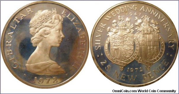 25 new pence;
Philip & Elizabeth's Silver Wedding Anniversary