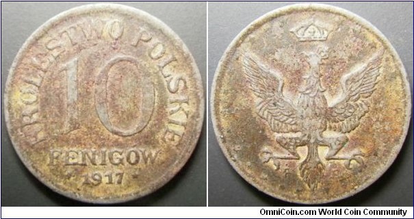 Poland 1917 10 fenigow. Struck in iron. Some rust. Appearently issued under occupied German territory? Weight: 3.57g