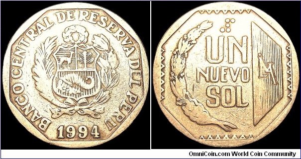 Peru - 1 Nuevo Sol - 1994 - Weight 7,32 gr - Copper-Nickel - Size 25,48 mm - Thickness 1,65 mm - Alignment Coin (180°) - Mint / Lima . Peru - Edge : Reeded - Reference KM# 308.1 (1991-2011)