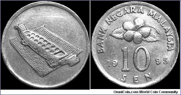 Malaysia - 10 Sen - 1995 - Weight 2,82 gr - Copper-Nickel - Size 19,43 mm - Thickness 1,2 mm - Alignment Medal (0°) - Obverse / Congkak a game of Malay origin for two - Edge : Milled - Mintage 82 217 000 - Reference KM# 51 (1989-2011)