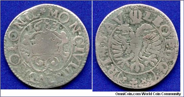 2 albus.
Köln Stadt.
*PN* - mintmaster Peter Newers, work in 1680-98.


Ag(bilon).