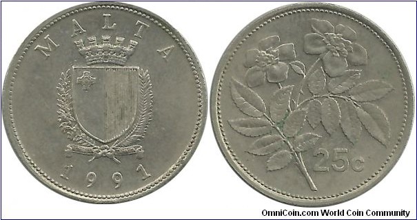 Malta 25 Cents 1991