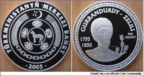 500 Manat - Gurbandurdy Zelili - 28.28 g Ag .925 Proof - mintage 2,000 - Very rare and hard to find !