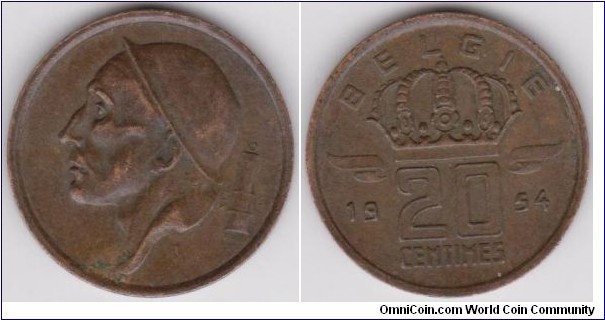 1954 Type A Belgium 20 Centimes, small letters and Crown not touching the Rim, Considered as trial strike 