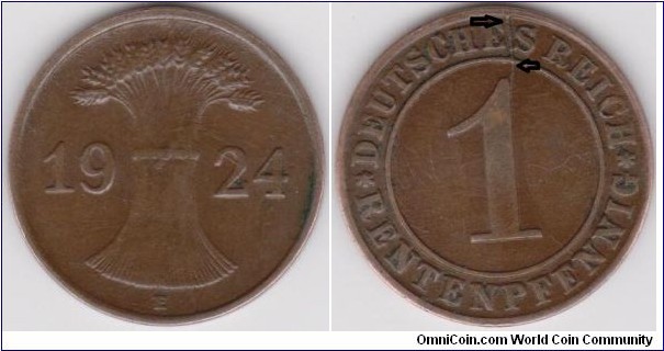 1924 E 1 Rentenpfennig, Cracked Planchet Mint Error on Rev with a line mark from top of digit 1 to Rim at 1Hr