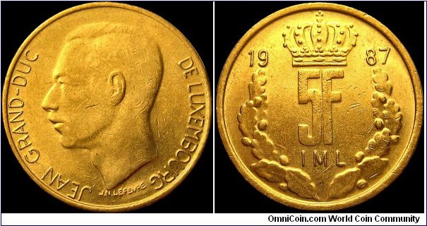 Luxembourg - 5 Francs - 1987 - Weight 8,5 gr - Brass - Size 24 mm - Thickness 1,82 mm - Alignment Coin (180°) - Ruler / Lean I (1964-2000) - Engraver / J.N. Lefèvre - Note : Narrow rim - Edge : Plain - Mintage 7 000 000 - Reference KM# 60.1 (1987)