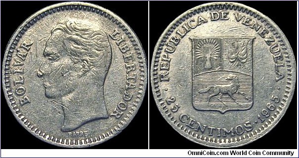 Venezuela - 25 Centimos - 1965 - Weight 1,75 gr - Nickel - Size 17 mm - Thickness 1,2 mm - Alignment Coin (180°) - Designer Obverse / Albert Desire Barre - Minted in London, United Kingdom - Edge : Milled - Mintage 240 000 000 - Reference Y# 40 (1965)
