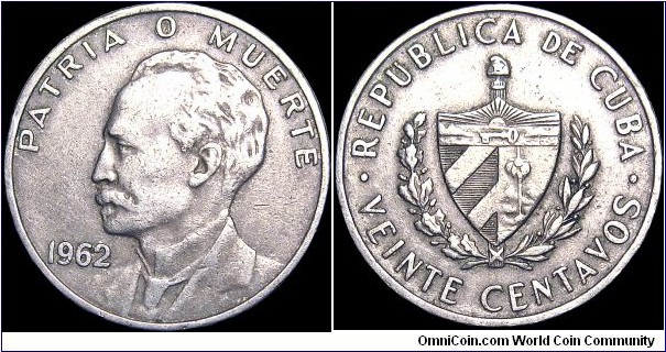 Cuba - 20 Centavos - 1962 - Weight 6,3 gr - Copper-Nickel - Size 24,1 mm - Thickness 1,8 mm - Alignment Coin (180°) - Obverse / Portrait of Josè J.M. Perez - Edge : Reeded - Mintage 83 860 000 - Reference KM# 31 (1962-68)