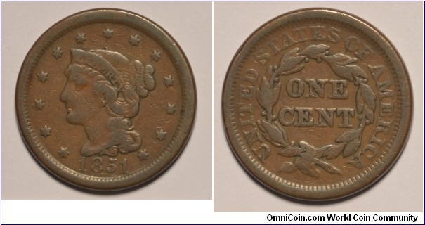 1851 N23 Large Cent VG8 