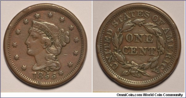 1855 N9 Large Cent VF25/F15 attributed by Grellman