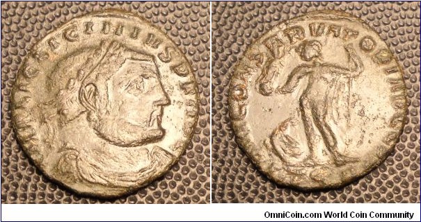 Thessalonica
RIC VI 60,B 	Licinius I AE Follis. 312-313 AD. IMP LIC LICINIVS P F AVG, laureate, draped and cuirassed bust right / IOVI CONSERVATORI AVGG NN, Jupiter, chlamys over shoulder, leaning on sceptre, holding Victory on globe; eagle with wreath left, dot TS dot B dot in ex. 3.6gms 21mm