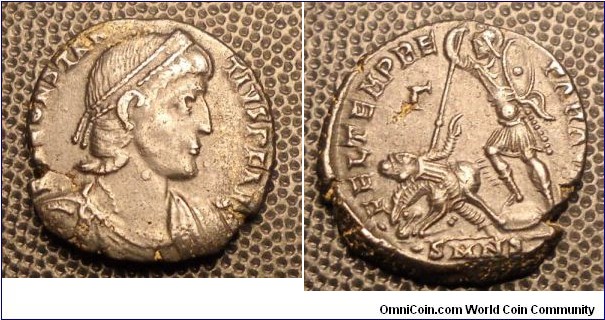 Nicomedia
RIC VIII 86-var	Constantius II, AE3. Nicomedia. DN CONSTAN-TIVS PF AVG, pearl diademed, draped, cuirassed bust right / FEL TEMP RE-PARATIO, soldier spearing fallen horseman who is bearded, wearing a bowl-shaped, brimmed helmet, reaching backwards. Gamma in left field. Mintmark dot SMN epsilon. RIC VIII Nicomedia 86 var (headwear).