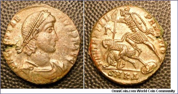 CONSTANTIUS II
A.D. 337-361 	Æ Centenionalis (23) Rev. FEL TEMP REPARATIO, Soldier spearing fallen horseman. Γ in left field. SMKΔ in exergue. Mint of Cyzicus. 5.9gm