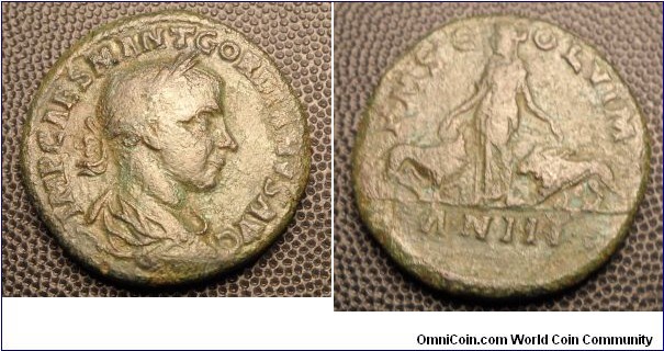 GORDIAN III 	MOESIA SUPERIOR, VIMINACIUM, Æ 29, Rev. P M S COL VIM, Moesia standing left between bull and lion. AN III (= A.D. 241/2) in exergue. 17.3gm V112