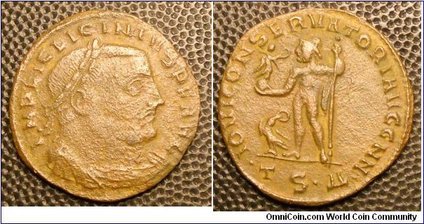 LICINIUS I
A.D. 308-324 	Æ Follis (23) Rev. IOVI CONSERVATORI AVGG NN, Jupiter standing left holding Victory and sceptre, eagle at feet. .TS.Δ. in exergue, mint of Thessalonica. RIC 60