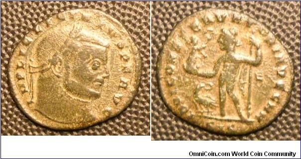 LICINIUS I
A.D. 308-324 	Æ Follis (23) Rev. IOVI CONSERVATORI AVGG NN, Jupiter standing left holding Victory and sceptre, eagle at feet. Ε in field, SIS in exergue, mint of Siscia. RIC 4