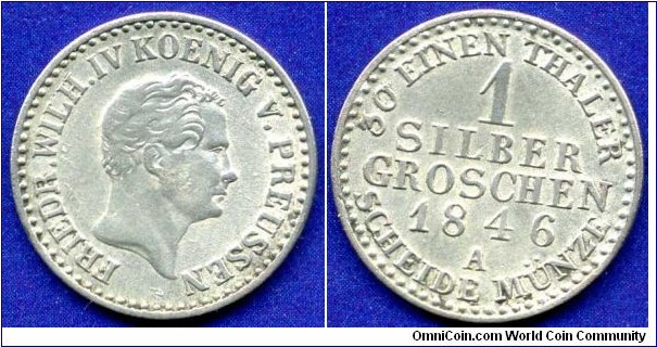 1 silber groschen.
Kingdom of  Prussia.
Friedrich Wilhelm IV (1840-1861).
*A* - Berlin mint.


Ag222f. 2,19gr.