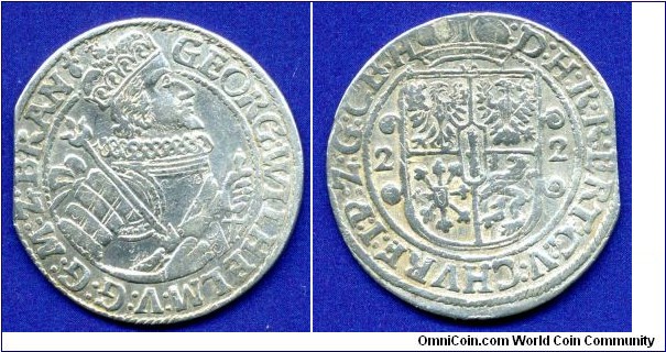 18 Gröscher (1/4 Thaler, Ort, Ortsthaler).
Brandenburg.
Georg Wilhelm (1619-1640).
Königsberg mint.
The marriage of the workpiece.


Ag.
