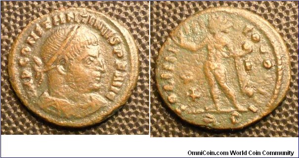 CONSTANTINE I
A.D. 307-337 Æ Follis. Rev. SOLI INVICTO COMITI, Sol standing left raising right hand and holding globe, RX and F in field, RP in exergue, mint of Rome. 3.6gm 20mm RIC VII 27