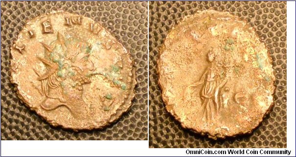 GALLIENUS
A.D. 253-268 	Æ Antoninianus. Rev. VBERITAS AVG, Uberitas standing left holding udder and cornucopiae, E in right field. 2.7gm 22x18mm RSC 1010c RCV 10368