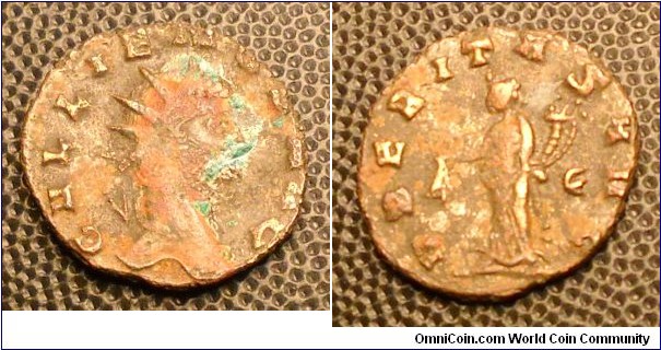 GALLIENUS
A.D. 253-268 	Æ Antoninianus. Rev. VBERITAS AVG, Uberitas standing left holding udder and cornucopiae, E in right field. 2.6gm 19mm RSC 1010c RCV 10368