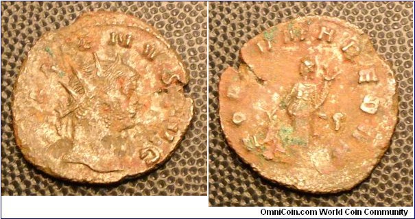 GALLIENUS
A.D. 253-268 	Æ Antoninianus. Rev. FORTVNA REDVX, Fortuna standing left holding rudder and cornucopiae, S in field. 3.1gm 22mm RCV 10219 var. RSC 265
