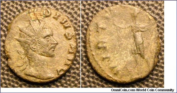 CLAUDIUS II
A.D. 268-270 	Æ Antoninianus. Obv. (IMP C CLA)VDIVS AVG, Radiate head right Rev. VIRTVS (AVG), Mars standing left holding branch and spear, shield at feet