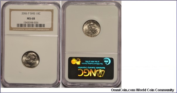 2006P SMS Roosevelt Dime beautiful satin finish from Mint Set MS68 NGC