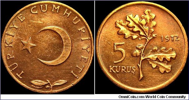 Turkey - 5 Kurus - 1972 - Weight 2,0 gr - Bronze - Size 17 mm - Alignment Coin (180°) - Edge : Smooth - Mintage 22 670 000 - Reference KM# 890.2 (1969-73)