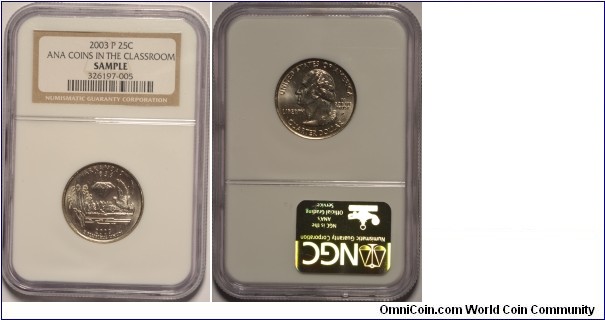 2003P Arkansas Quarter in an ANA Coins in the Classroom sample slab by NGC - a great keepsake